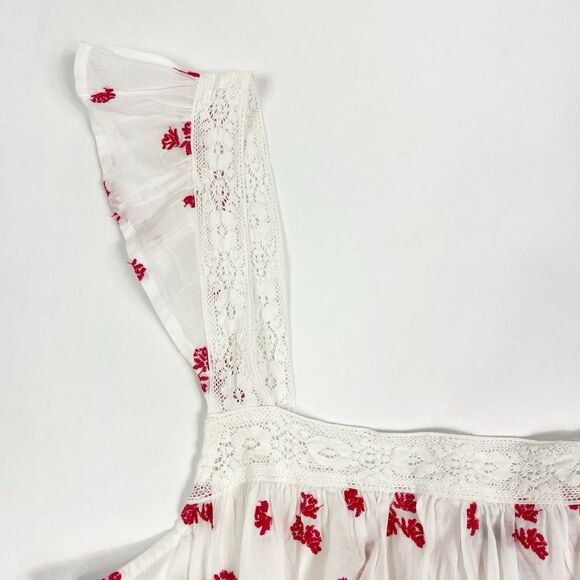 Free People Beautiful Fleur White Pink Floral Embroidered Peasant Top Large - Picture 7 of 11